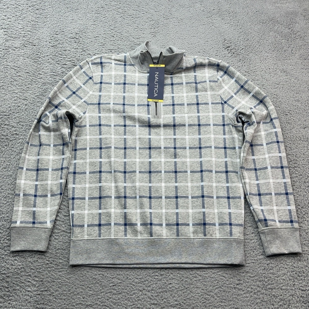Nautica 1/4 Zip Pullover Sweater Mens M Windowpane Plaid Gray Blue Preppy NEW